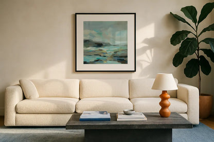 Blue Lagoon by Silvia Vassileva. Displayed in a glass frame with matte in a clean modern living room. Available as an archival giclee rolled canvas, fine art paper, or poster print. SKU 57257a.