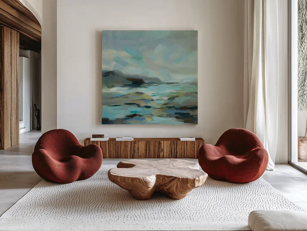 Blue Lagoon by Silvia Vassileva. Shown as extra-large giant wall art in a modern living room. Available as an archival giclee rolled canvas, fine art paper, or poster print. SKU 57257a.