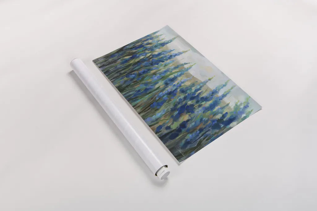 Blue Meadow by Silvia Vassileva. shown as a rolled paper print. Available as archival giclee rolled canvas, fine art paper, or poster print. SKU 98567i.