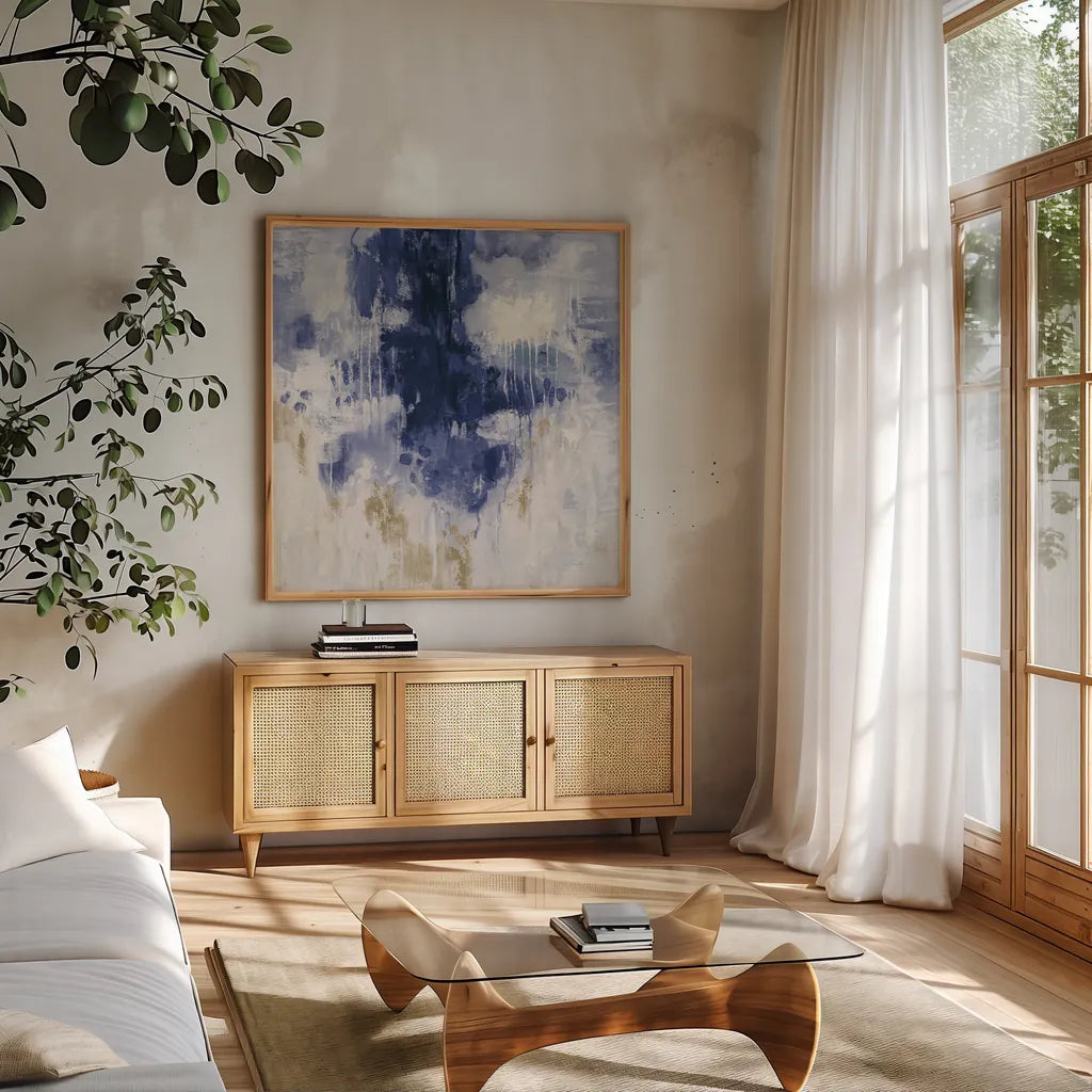 Blue Rain by Silvia Vassileva. Shown in a natural wood frame in a cozy modern living room. Available as an archival giclee rolled canvas, fine art paper, or poster print. SKU 44874a.