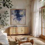 Blue Rain by Silvia Vassileva. Shown in a natural wood frame in a cozy modern living room. Available as an archival giclee rolled canvas, fine art paper, or poster print. SKU 44874a.