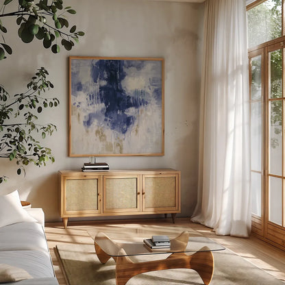 Blue Rain by Silvia Vassileva. Shown in a natural wood frame in a cozy modern living room. Available as an archival giclee rolled canvas, fine art paper, or poster print. SKU 44874a.