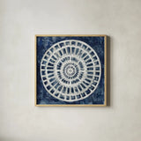 Blue Textured Medallion by Silvia Vassileva. Shown in a natural wood glass frame for a timeless modern aesthetic. Available as an archival giclee rolled canvas, fine art paper, or poster print. SKU 57366a.