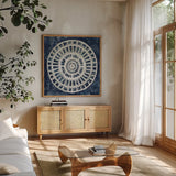 Blue Textured Medallion by Silvia Vassileva. Shown in a natural wood frame in a cozy modern living room. Available as an archival giclee rolled canvas, fine art paper, or poster print. SKU 57366a.