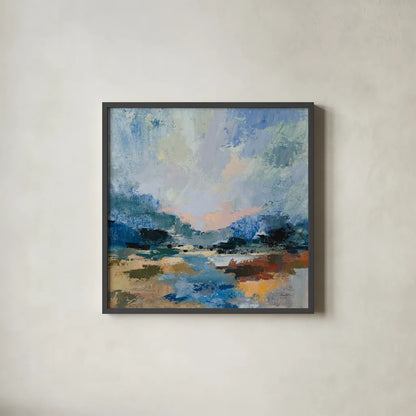Blue Vista I by Silvia Vassileva. Shown in a sleek black glass frame for a contemporary gallery look. Available as an archival giclee rolled canvas, fine art paper, or poster print. SKU 97918a.