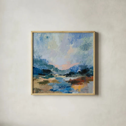 Blue Vista I by Silvia Vassileva. Shown in a natural wood glass frame for a timeless modern aesthetic. Available as an archival giclee rolled canvas, fine art paper, or poster print. SKU 97918a.