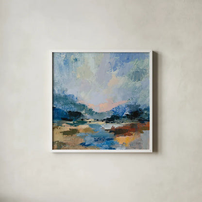Blue Vista I by Silvia Vassileva. Shown in a crisp white glass frame for a clean and minimalist style. Available as an archival giclee rolled canvas, fine art paper, or poster print. SKU 97918a.