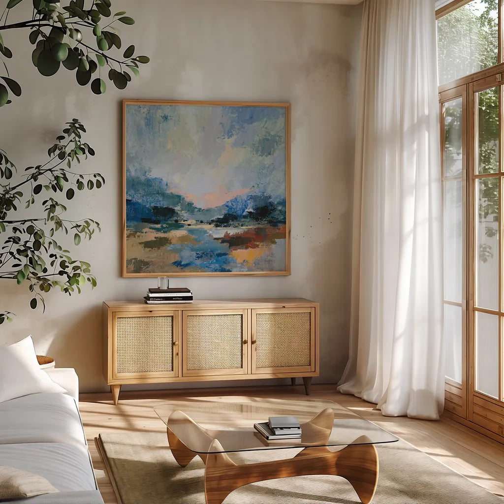 Blue Vista I by Silvia Vassileva. Shown in a natural wood frame in a cozy modern living room. Available as an archival giclee rolled canvas, fine art paper, or poster print. SKU 97918a.