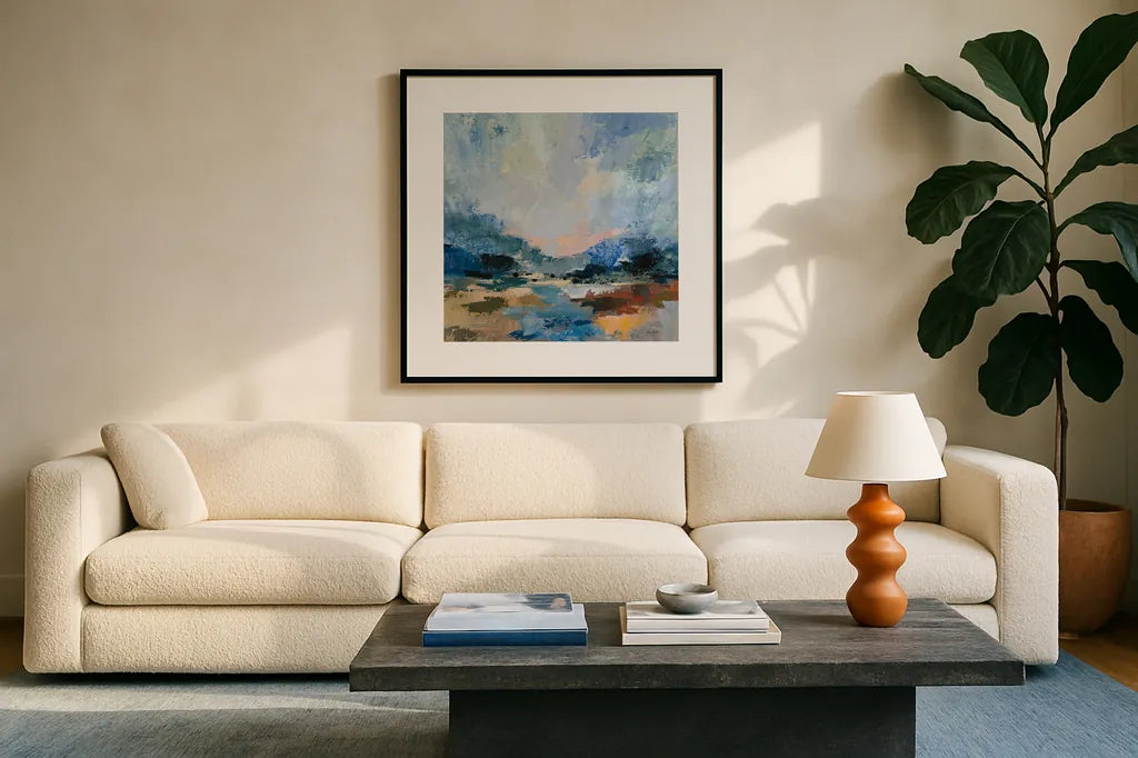 Blue Vista I by Silvia Vassileva. Displayed in a glass frame with matte in a clean modern living room. Available as an archival giclee rolled canvas, fine art paper, or poster print. SKU 97918a.