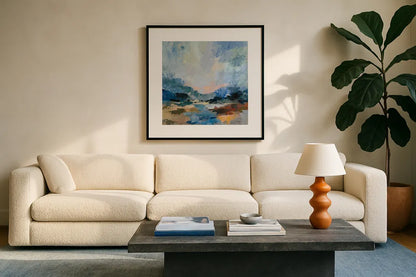 Blue Vista I by Silvia Vassileva. Displayed in a glass frame with matte in a clean modern living room. Available as an archival giclee rolled canvas, fine art paper, or poster print. SKU 97918a.