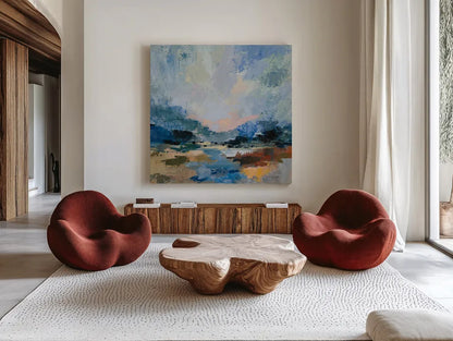 Blue Vista I by Silvia Vassileva. Shown as extra-large giant wall art in a modern living room. Available as an archival giclee rolled canvas, fine art paper, or poster print. SKU 97918a.