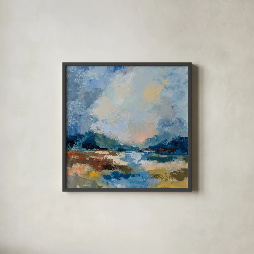 Blue Vista II by Silvia Vassileva. Shown in a sleek black glass frame for a contemporary gallery look. Available as an archival giclee rolled canvas, fine art paper, or poster print. SKU 97919a.
