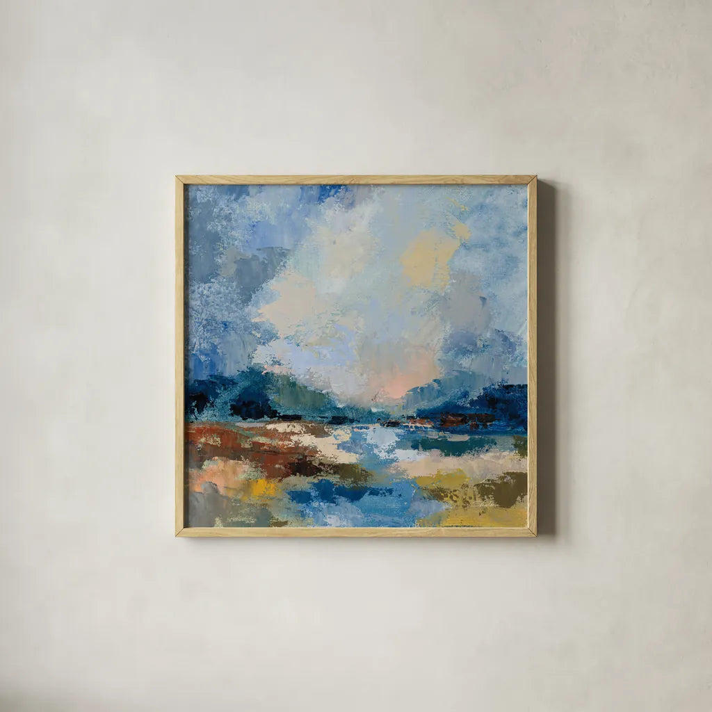 Blue Vista II by Silvia Vassileva. Shown in a natural wood glass frame for a timeless modern aesthetic. Available as an archival giclee rolled canvas, fine art paper, or poster print. SKU 97919a.