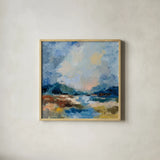 Blue Vista II by Silvia Vassileva. Shown in a natural wood glass frame for a timeless modern aesthetic. Available as an archival giclee rolled canvas, fine art paper, or poster print. SKU 97919a.