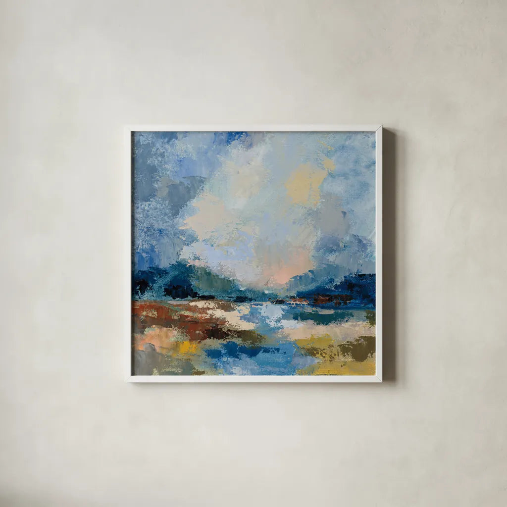 Blue Vista II by Silvia Vassileva. Shown in a crisp white glass frame for a clean and minimalist style. Available as an archival giclee rolled canvas, fine art paper, or poster print. SKU 97919a.