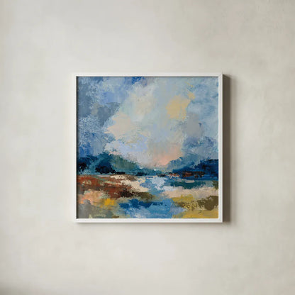 Blue Vista II by Silvia Vassileva. Shown in a crisp white glass frame for a clean and minimalist style. Available as an archival giclee rolled canvas, fine art paper, or poster print. SKU 97919a.