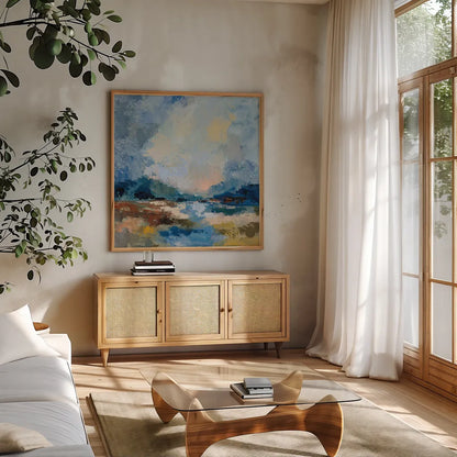Blue Vista II by Silvia Vassileva. Shown in a natural wood frame in a cozy modern living room. Available as an archival giclee rolled canvas, fine art paper, or poster print. SKU 97919a.