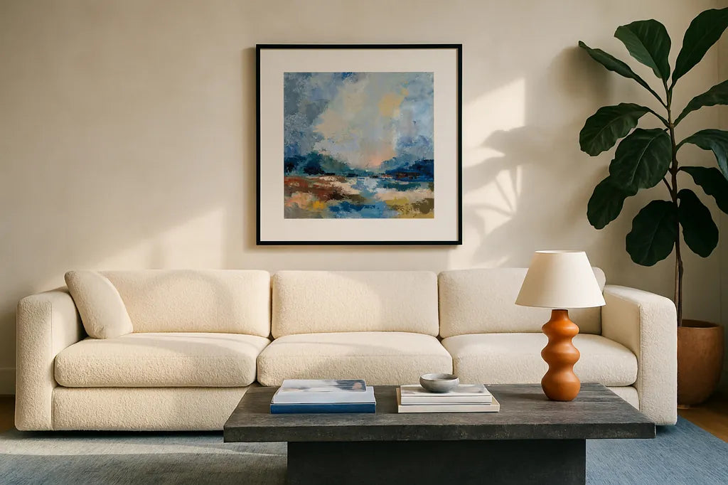 Blue Vista II by Silvia Vassileva. Displayed in a glass frame with matte in a clean modern living room. Available as an archival giclee rolled canvas, fine art paper, or poster print. SKU 97919a.