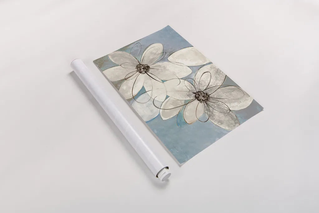 Blue and Neutral Floral by Silvia Vassileva. shown as a rolled paper print. Available as archival giclee rolled canvas, fine art paper, or poster print. SKU 28772i.