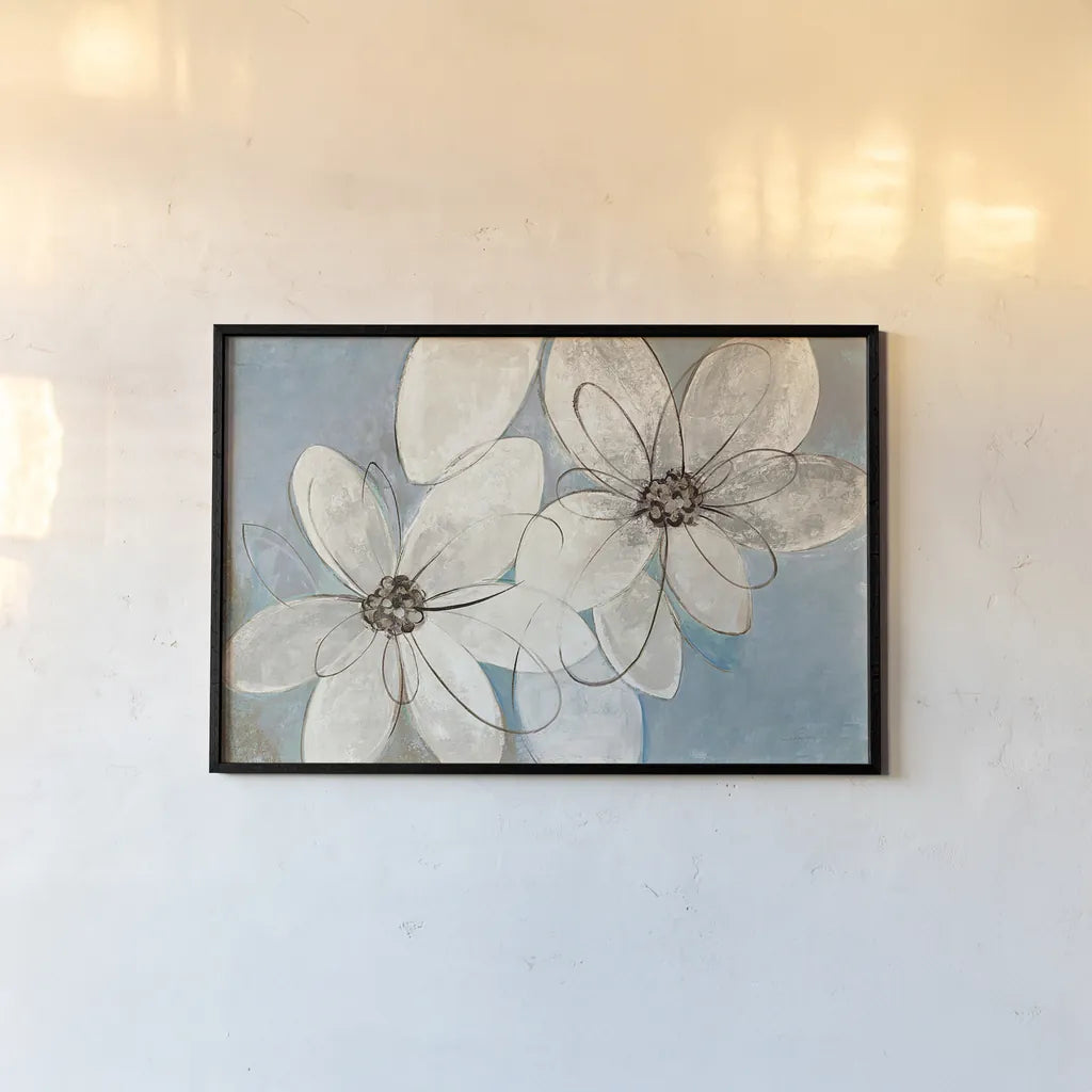 Blue and Neutral Floral by Silvia Vassileva. shown as a paper print in a black flame. Available as a archival giclee rolled canvas, fine art paper, or poster print. SKU 28772i.