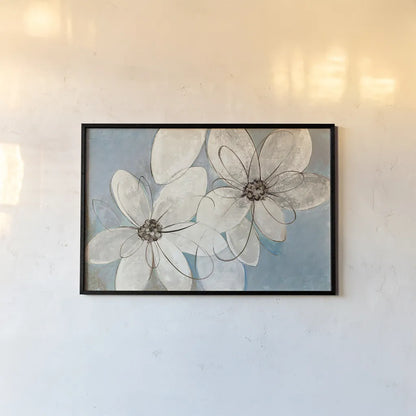 Blue and Neutral Floral by Silvia Vassileva. shown as a paper print in a black flame. Available as a archival giclee rolled canvas, fine art paper, or poster print. SKU 28772i.