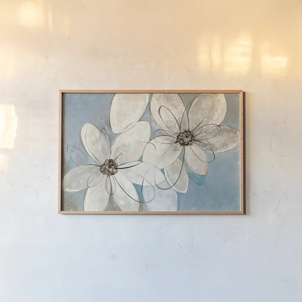 Blue and Neutral Floral by Silvia Vassileva. shown as a paper print in a natural frame. Available as a archival giclee rolled canvas, fine art paper, or poster print. SKU 28772i.