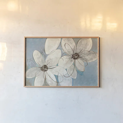 Blue and Neutral Floral by Silvia Vassileva. shown as a paper print in a natural frame. Available as a archival giclee rolled canvas, fine art paper, or poster print. SKU 28772i.