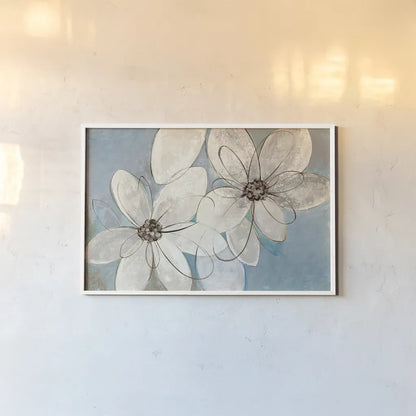 Blue and Neutral Floral by Silvia Vassileva. shown as a paper print in a white frame. Available as a archival giclee rolled canvas, fine art paper, or poster print. SKU 28772i.