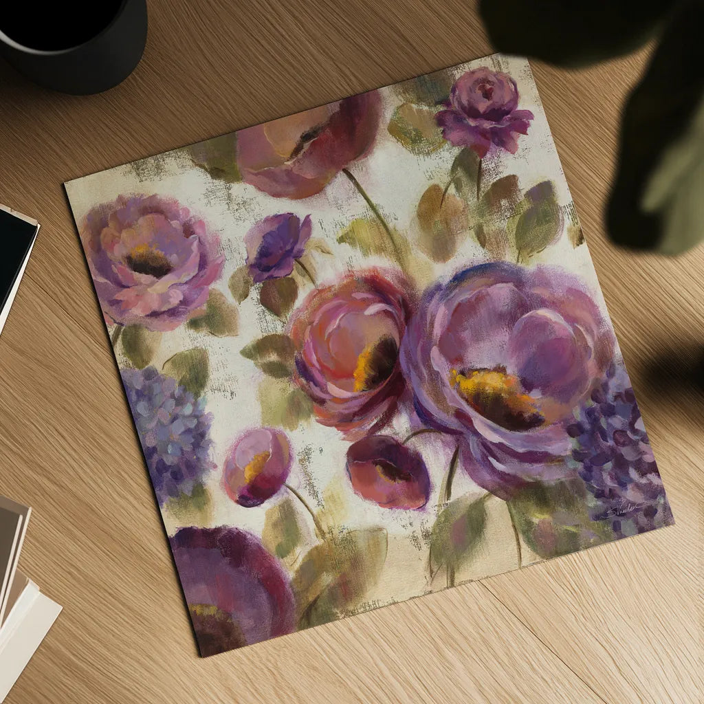 Blue and Purple Flower Song II by Silvia Vassileva. Shown as a detailed flat fine art print, highlighting archival giclee quality. Available as an archival giclee rolled canvas, fine art paper, or poster print. SKU 12459a.