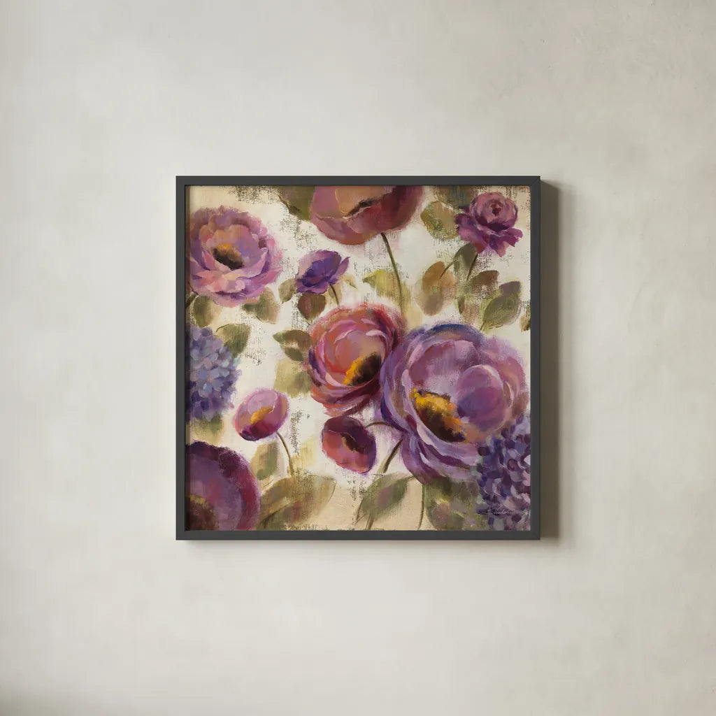 Blue and Purple Flower Song II by Silvia Vassileva. Shown in a sleek black glass frame for a contemporary gallery look. Available as an archival giclee rolled canvas, fine art paper, or poster print. SKU 12459a.