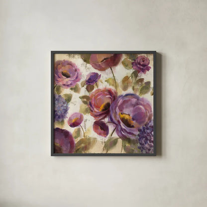 Blue and Purple Flower Song II by Silvia Vassileva. Shown in a sleek black glass frame for a contemporary gallery look. Available as an archival giclee rolled canvas, fine art paper, or poster print. SKU 12459a.