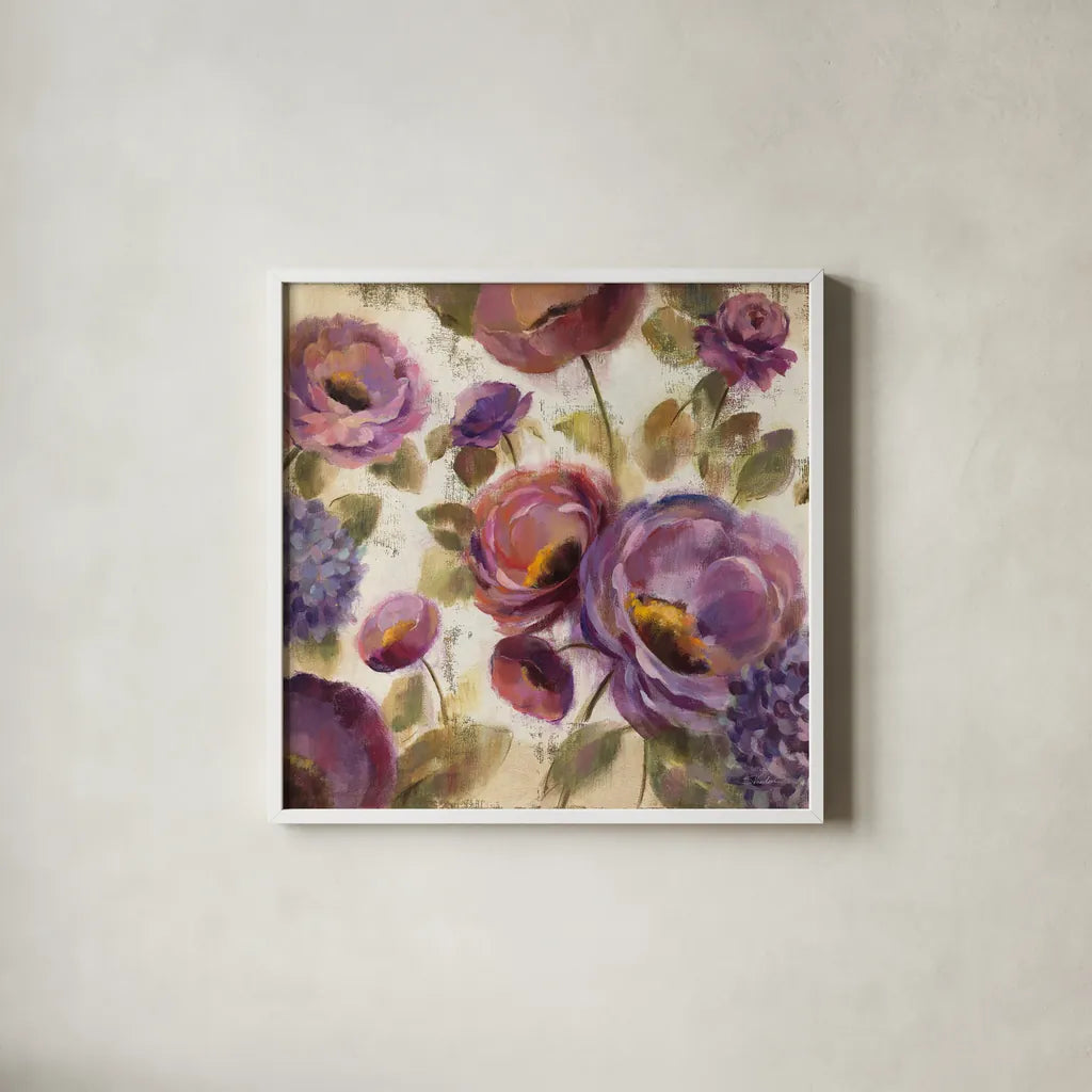 Blue and Purple Flower Song II by Silvia Vassileva. Shown in a crisp white glass frame for a clean and minimalist style. Available as an archival giclee rolled canvas, fine art paper, or poster print. SKU 12459a.