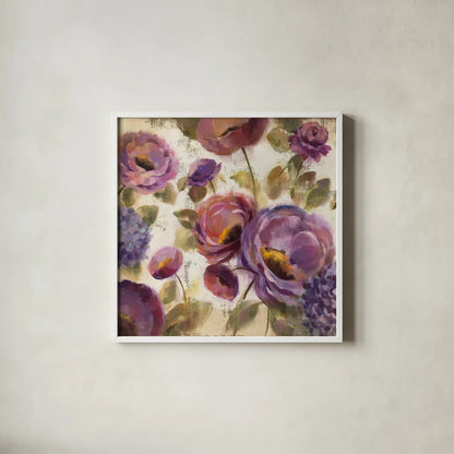Blue and Purple Flower Song II by Silvia Vassileva. Shown in a crisp white glass frame for a clean and minimalist style. Available as an archival giclee rolled canvas, fine art paper, or poster print. SKU 12459a.