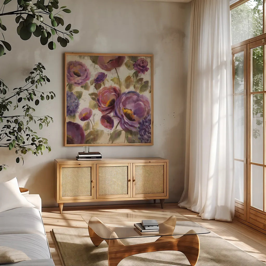 Blue and Purple Flower Song II by Silvia Vassileva. Shown in a natural wood frame in a cozy modern living room. Available as an archival giclee rolled canvas, fine art paper, or poster print. SKU 12459a.