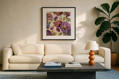 Blue and Purple Flower Song II by Silvia Vassileva. Displayed in a glass frame with matte in a clean modern living room. Available as an archival giclee rolled canvas, fine art paper, or poster print. SKU 12459a.
