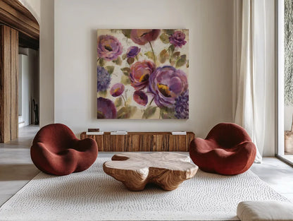 Blue and Purple Flower Song II by Silvia Vassileva. Shown as extra-large giant wall art in a modern living room. Available as an archival giclee rolled canvas, fine art paper, or poster print. SKU 12459a.