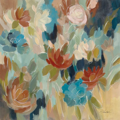 Blue and Sienna Floral by Silvia Vassileva. SKU 72295a. Archival Giclee Fine art print for wall decor.