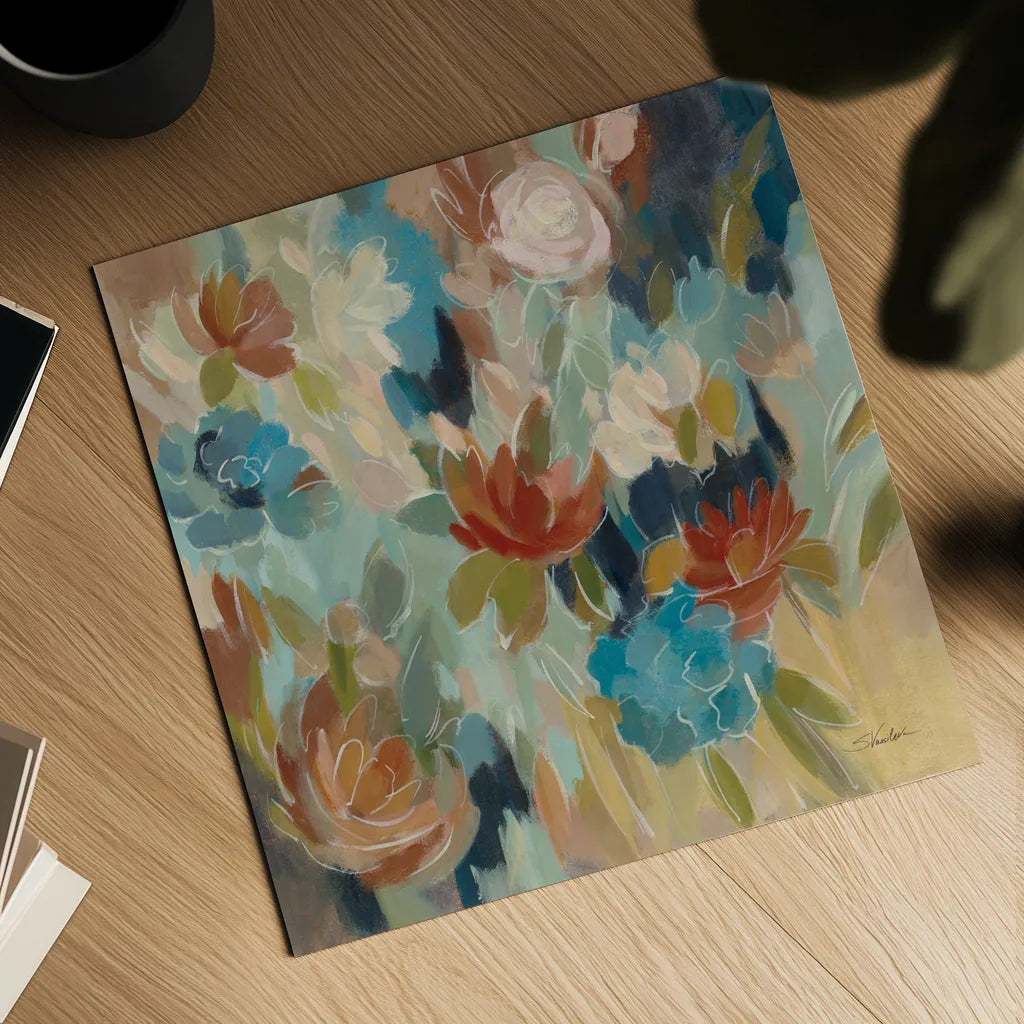 Blue and Sienna Floral by Silvia Vassileva. Shown as a detailed flat fine art print, highlighting archival giclee quality. Available as an archival giclee rolled canvas, fine art paper, or poster print. SKU 72295a.