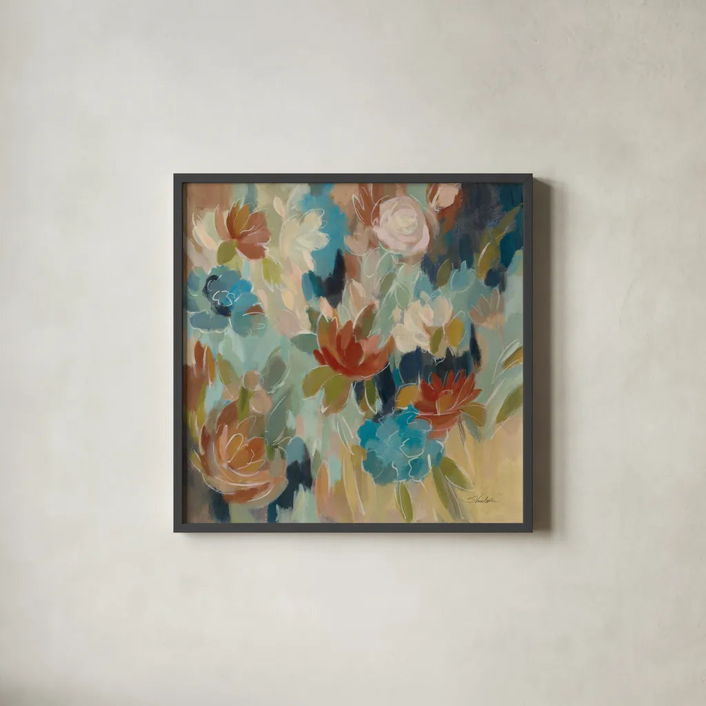 Blue and Sienna Floral by Silvia Vassileva. Shown in a sleek black glass frame for a contemporary gallery look. Available as an archival giclee rolled canvas, fine art paper, or poster print. SKU 72295a.