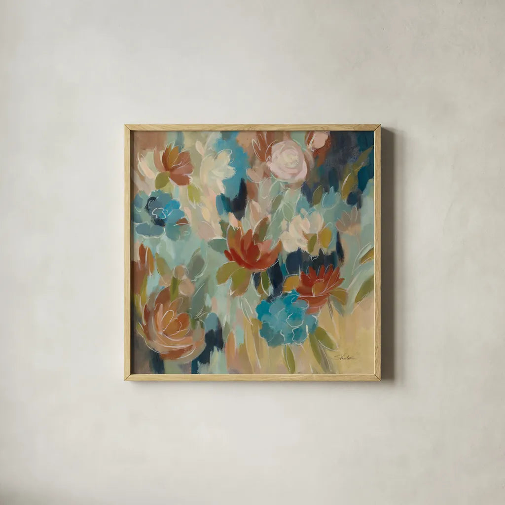 Blue and Sienna Floral by Silvia Vassileva. Shown in a natural wood glass frame for a timeless modern aesthetic. Available as an archival giclee rolled canvas, fine art paper, or poster print. SKU 72295a.