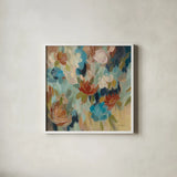 Blue and Sienna Floral by Silvia Vassileva. Shown in a crisp white glass frame for a clean and minimalist style. Available as an archival giclee rolled canvas, fine art paper, or poster print. SKU 72295a.