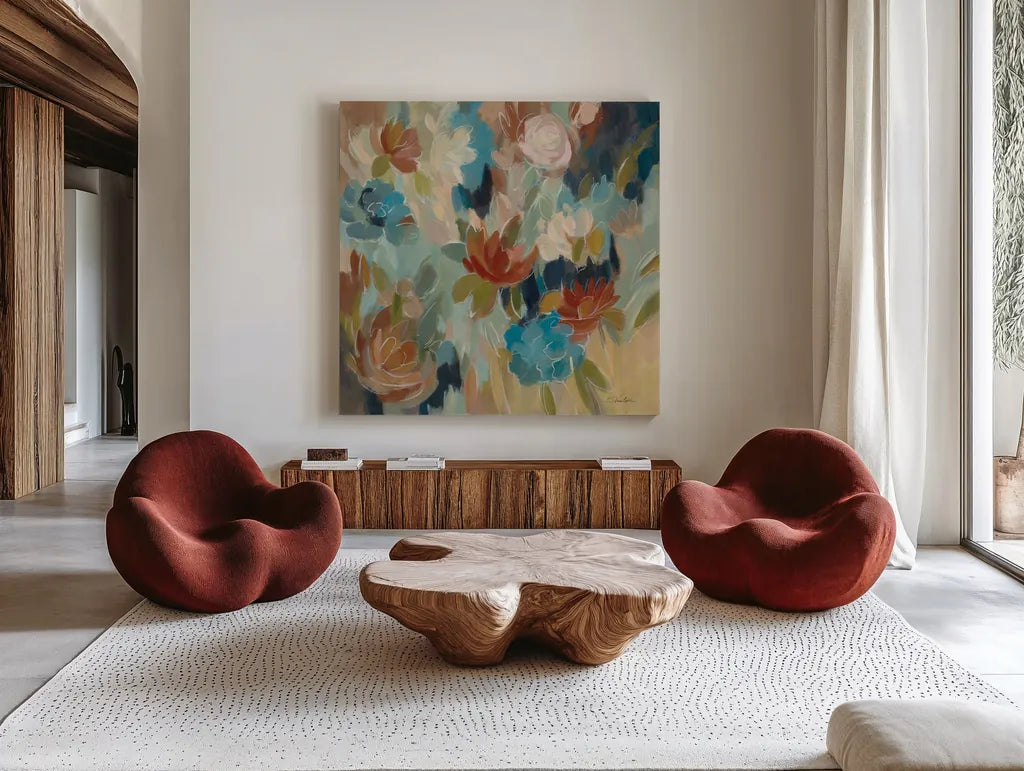 Blue and Sienna Floral by Silvia Vassileva. Shown as extra-large giant wall art in a modern living room. Available as an archival giclee rolled canvas, fine art paper, or poster print. SKU 72295a.