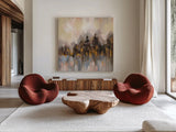 Blushing Forest I by Silvia Vassileva. Shown as extra-large giant wall art in a modern living room. Available as an archival giclee rolled canvas, fine art paper, or poster print. SKU 38250a.