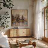 Blushing Forest II by Silvia Vassileva. Shown in a natural wood frame in a cozy modern living room. Available as an archival giclee rolled canvas, fine art paper, or poster print. SKU 38251a.