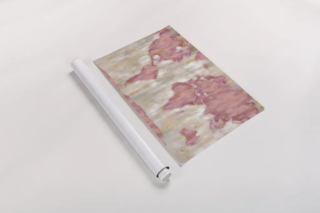 Blushing World Map v2 Crop by Silvia Vassileva. shown as a rolled paper print. Available as archival giclee rolled canvas, fine art paper, or poster print. SKU 38551i.