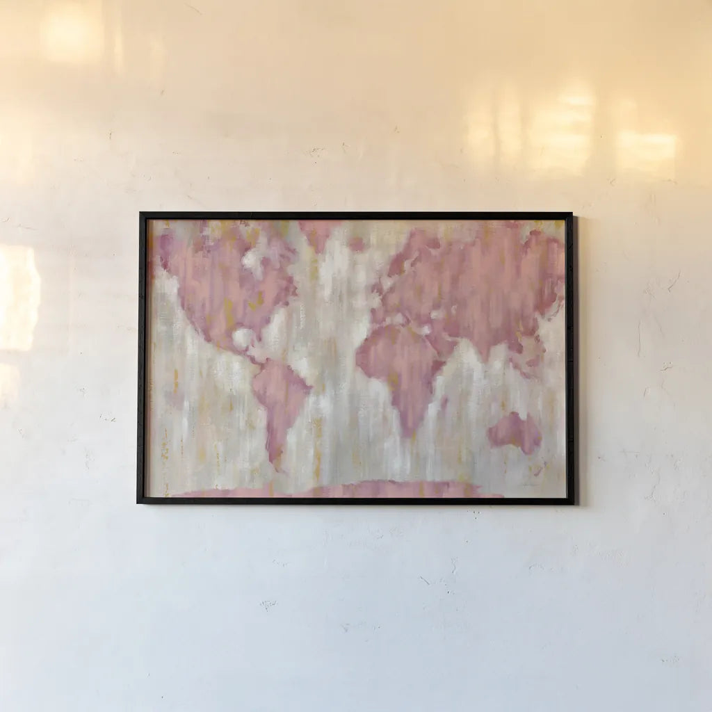 Blushing World Map v2 Crop by Silvia Vassileva. shown as a paper print in a black flame. Available as a archival giclee rolled canvas, fine art paper, or poster print. SKU 38551i.