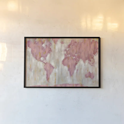 Blushing World Map v2 Crop by Silvia Vassileva. shown as a paper print in a black flame. Available as a archival giclee rolled canvas, fine art paper, or poster print. SKU 38551i.