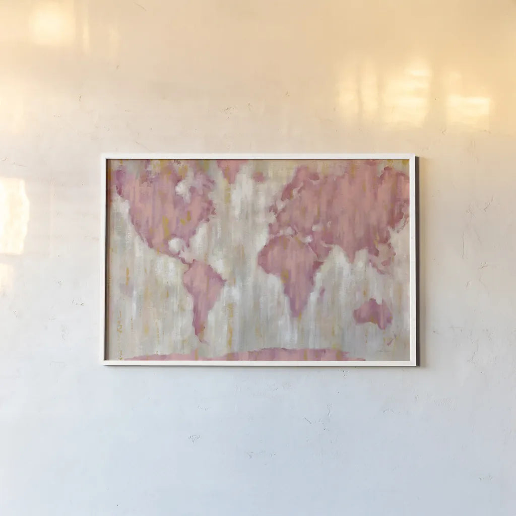 Blushing World Map v2 Crop by Silvia Vassileva. shown as a paper print in a white frame. Available as a archival giclee rolled canvas, fine art paper, or poster print. SKU 38551i.