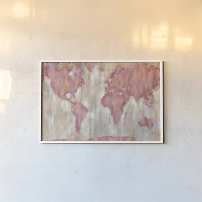 Blushing World Map v2 Crop by Silvia Vassileva. shown as a paper print in a white frame. Available as a archival giclee rolled canvas, fine art paper, or poster print. SKU 38551i.