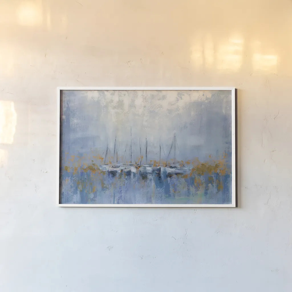 Boats in the Harbor I by Silvia Vassileva. shown as a paper print in a white frame. Available as a archival giclee rolled canvas, fine art paper, or poster print. SKU 33970i.